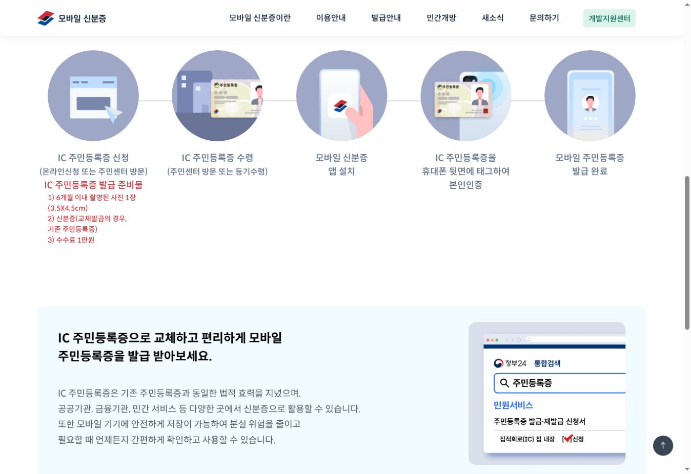 모바일 신분증 공식 홈페이지의 IC 주민등록증 발급 실제 단계 화면